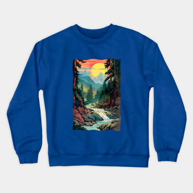 Mountains River Trees with Sunrise Crewneck Sweatshirt by Pine Hill Goods